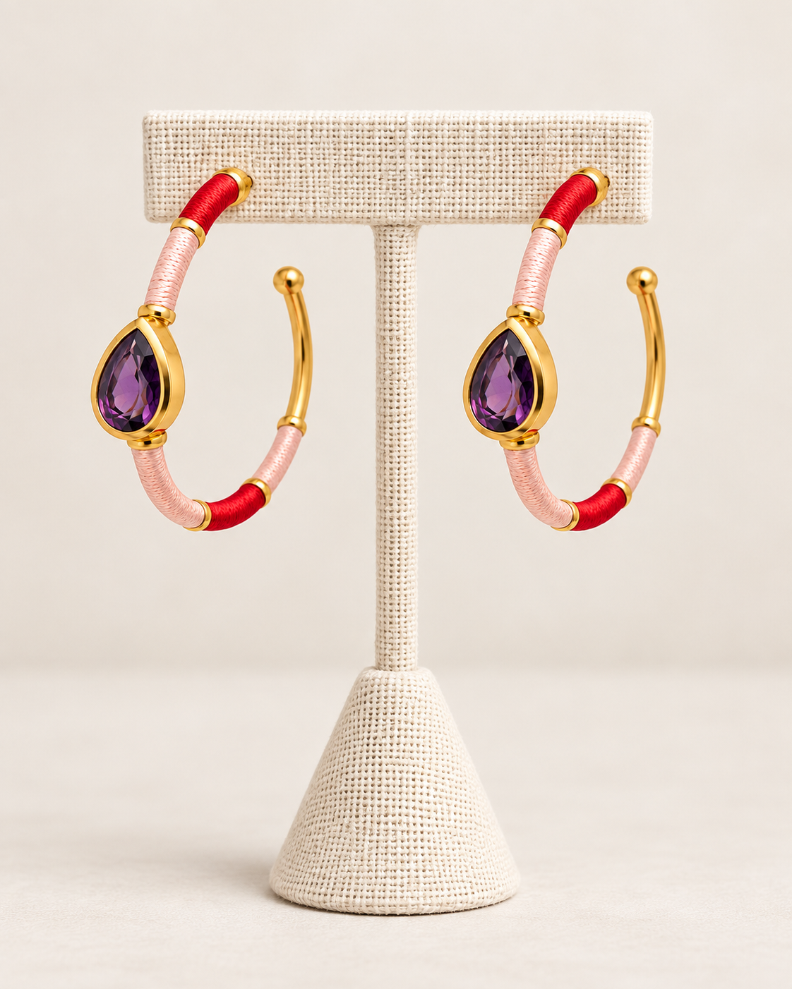 Amethyst Thread-Wrapped Hoop Earrings – 18K Gold Plated 925 Sterling Silver