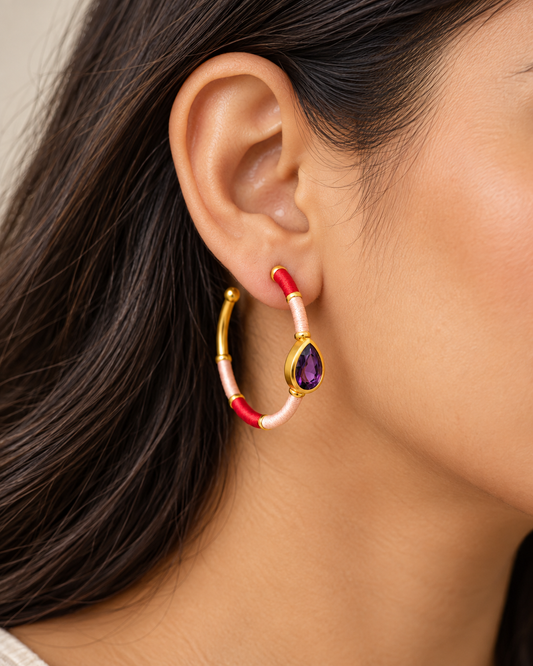 Amethyst Thread-Wrapped Hoop Earrings – 18K Gold Plated 925 Sterling Silver