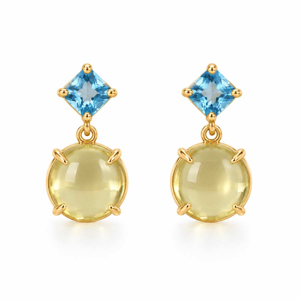 Lemon Topaz & Blue Topaz Drop Earrings – 18k Gold Plated on 925 Sterling Silver