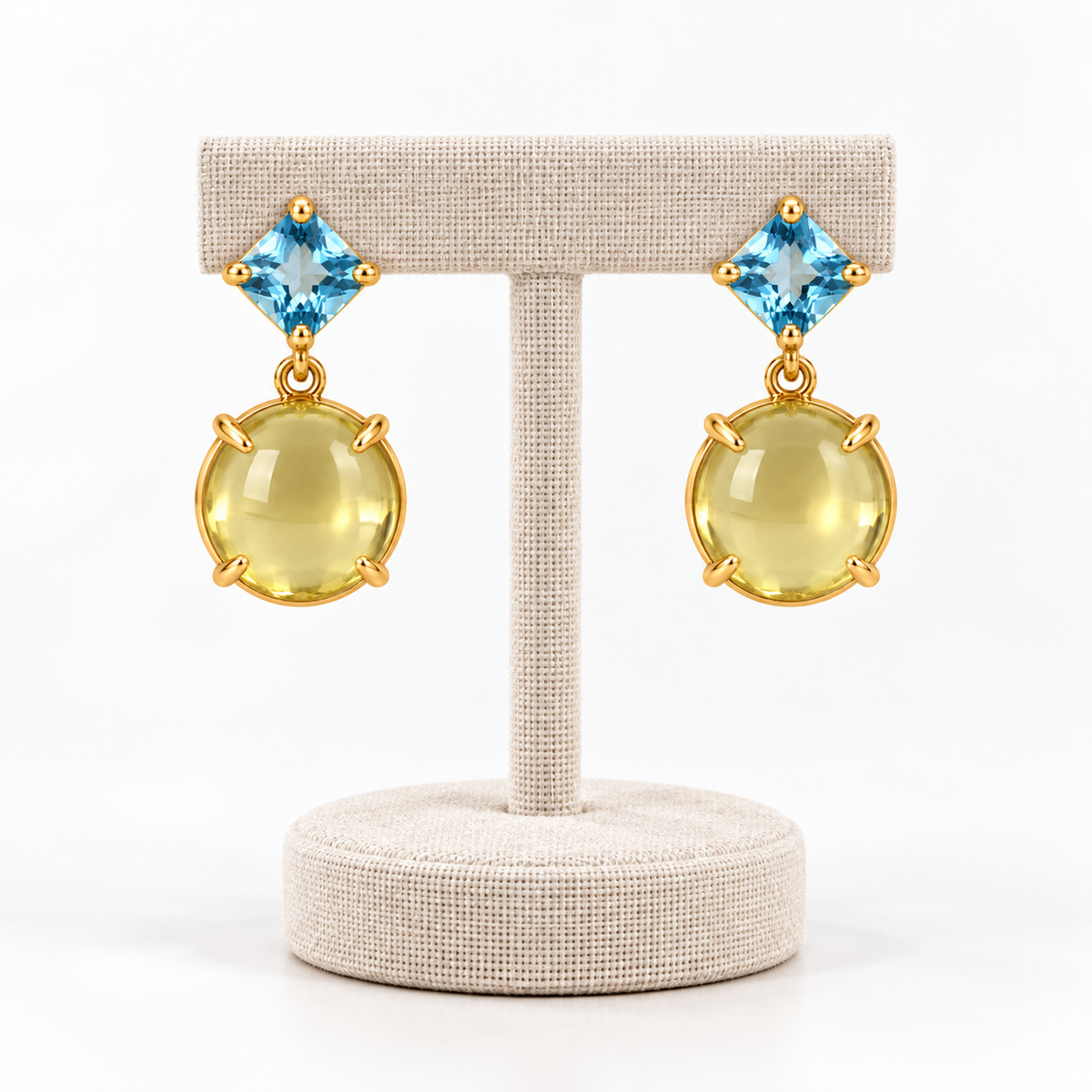 Lemon Topaz & Blue Topaz Drop Earrings – 18k Gold Plated on 925 Sterling Silver