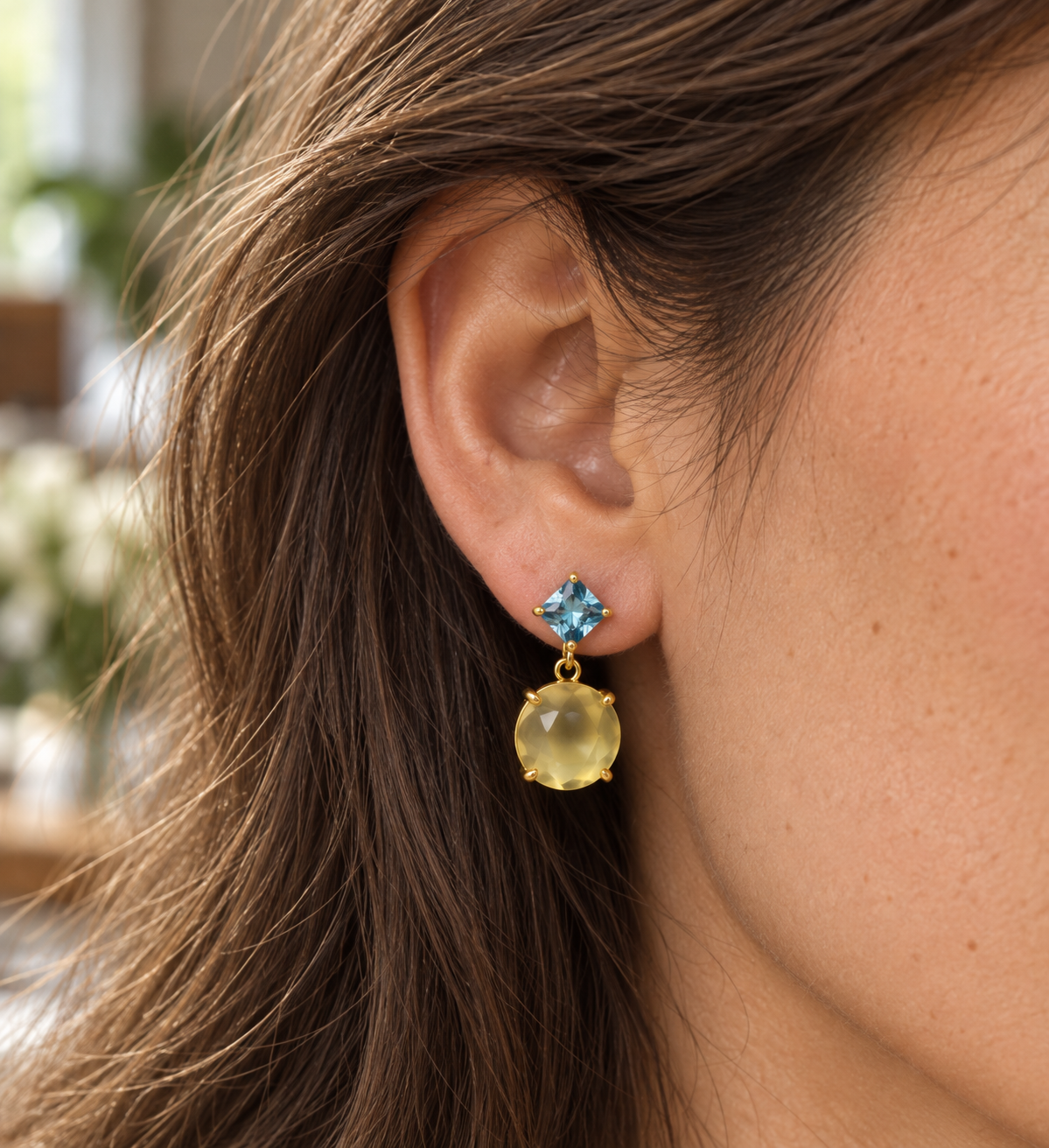 Lemon Topaz & Blue Topaz Drop Earrings – 18k Gold Plated on 925 Sterling Silver