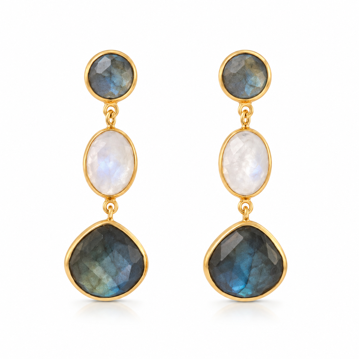Labradorite & Rainbow Moonstone Triple Drop Earrings- 18k Gold Plated over 925 Sterling Silver
