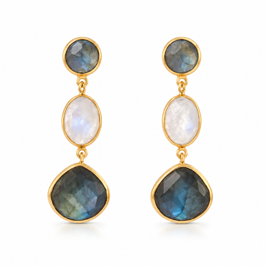 Labradorite & Rainbow Moonstone Triple Drop Earrings- 18k Gold Plated over 925 Sterling Silver