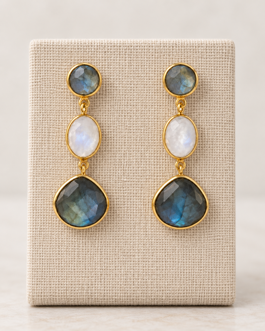 Labradorite & Rainbow Moonstone Triple Drop Earrings- 18k Gold Plated over 925 Sterling Silver