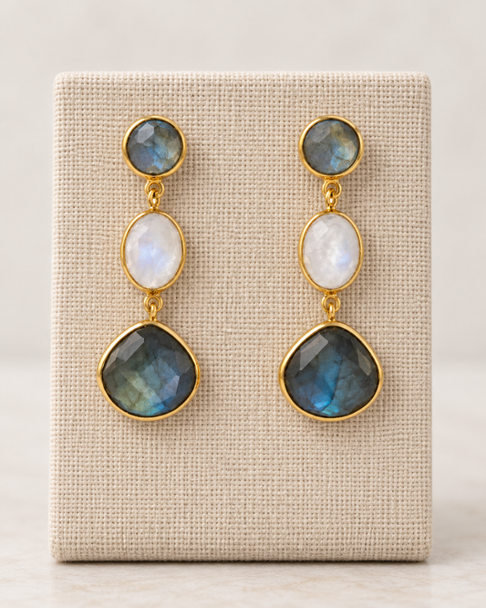 Labradorite & Rainbow Moonstone Triple Drop Earrings- 18k Gold Plated over 925 Sterling Silver