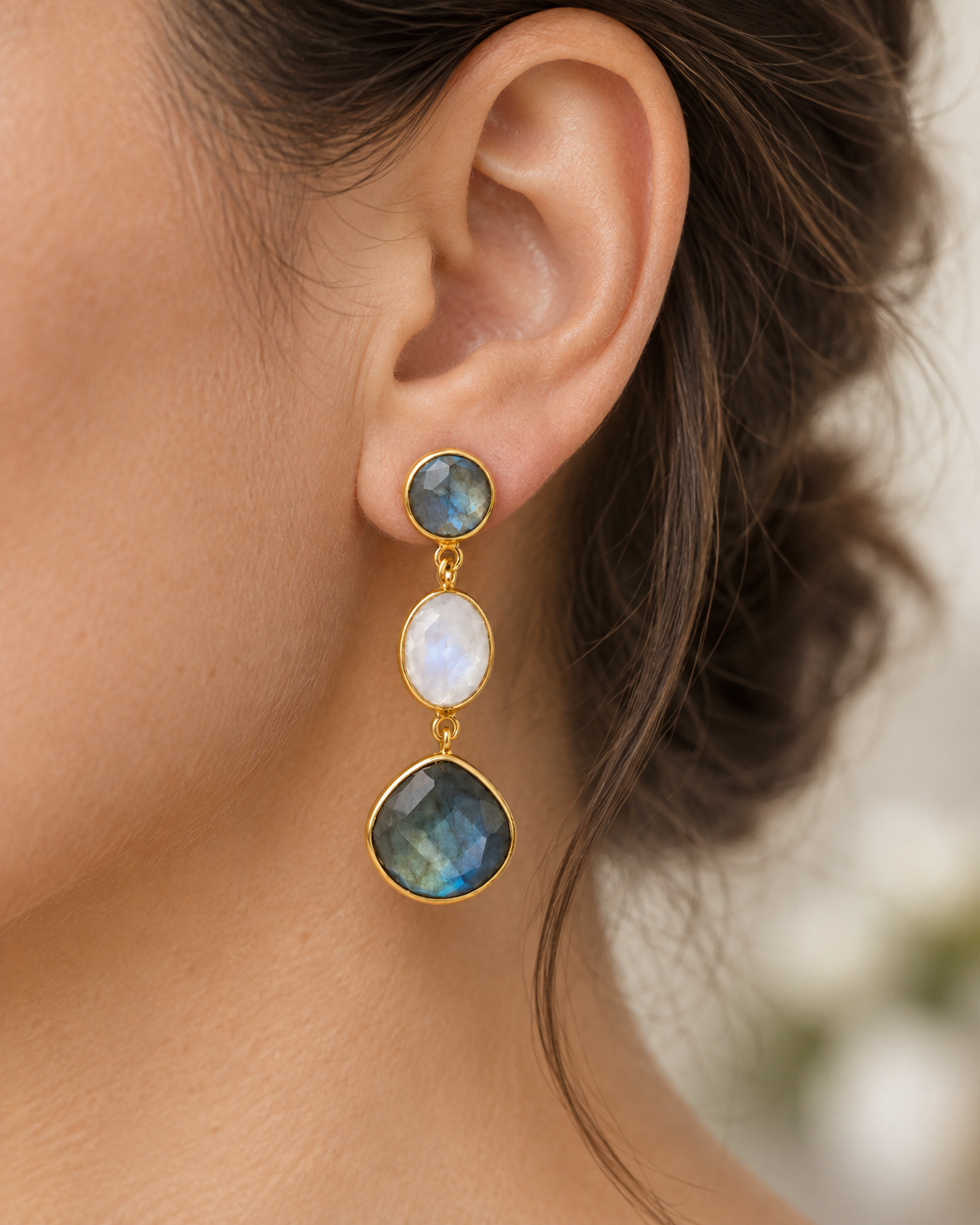 Labradorite & Rainbow Moonstone Triple Drop Earrings- 18k Gold Plated over 925 Sterling Silver