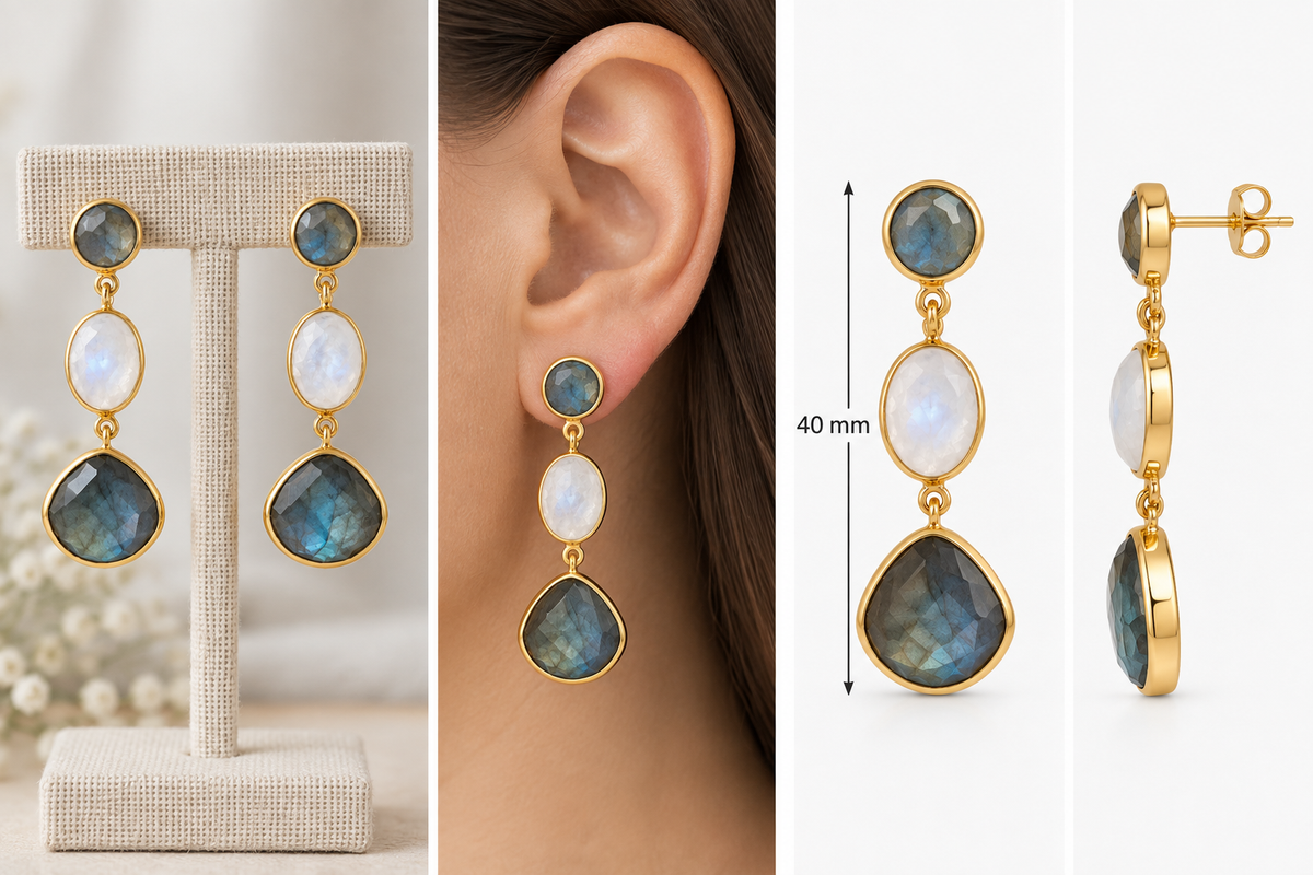 Labradorite & Rainbow Moonstone Triple Drop Earrings- 18k Gold Plated over 925 Sterling Silver
