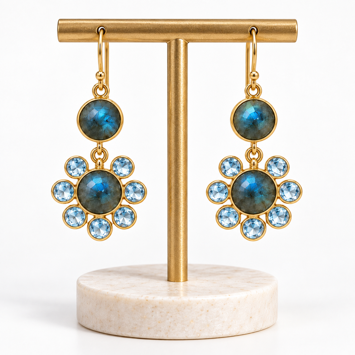 Labradorite Blue Topaz Drop Earrings-18K Gold Plated 925 Sterling Silver