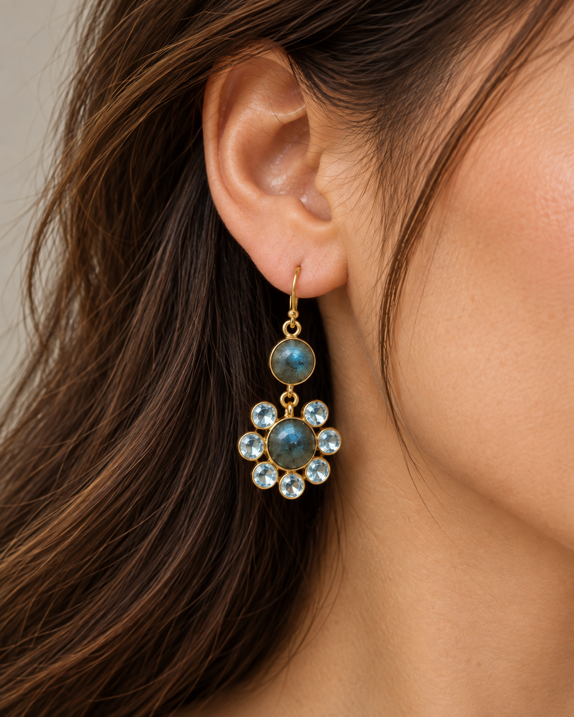 Labradorite Blue Topaz Drop Earrings-18K Gold Plated 925 Sterling Silver