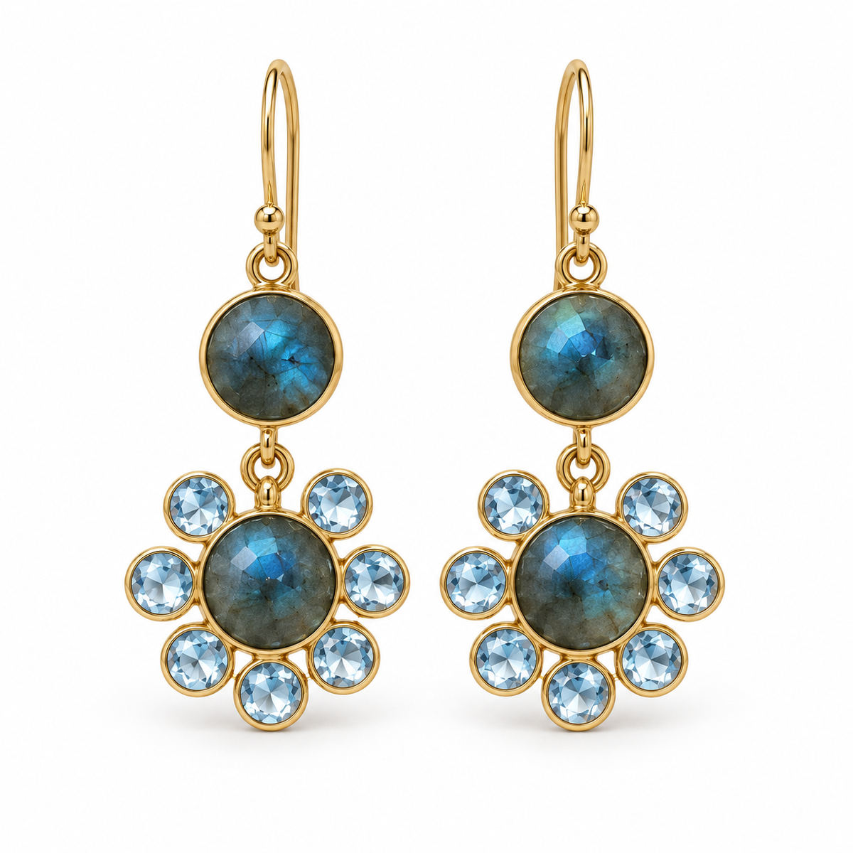 Labradorite Blue Topaz Drop Earrings-18K Gold Plated 925 Sterling Silver