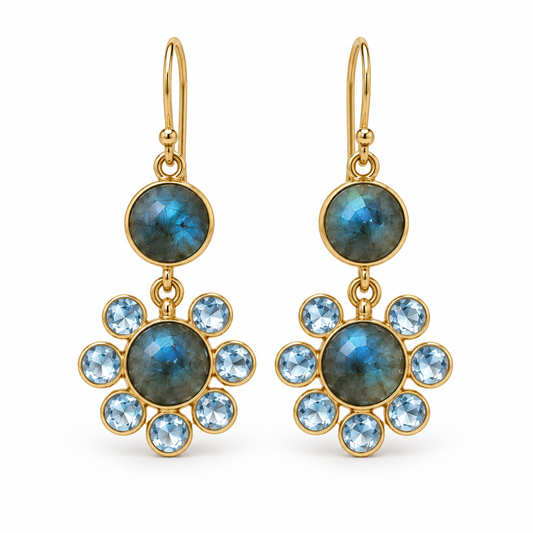 Labradorite Blue Topaz Drop Earrings-18K Gold Plated 925 Sterling Silver
