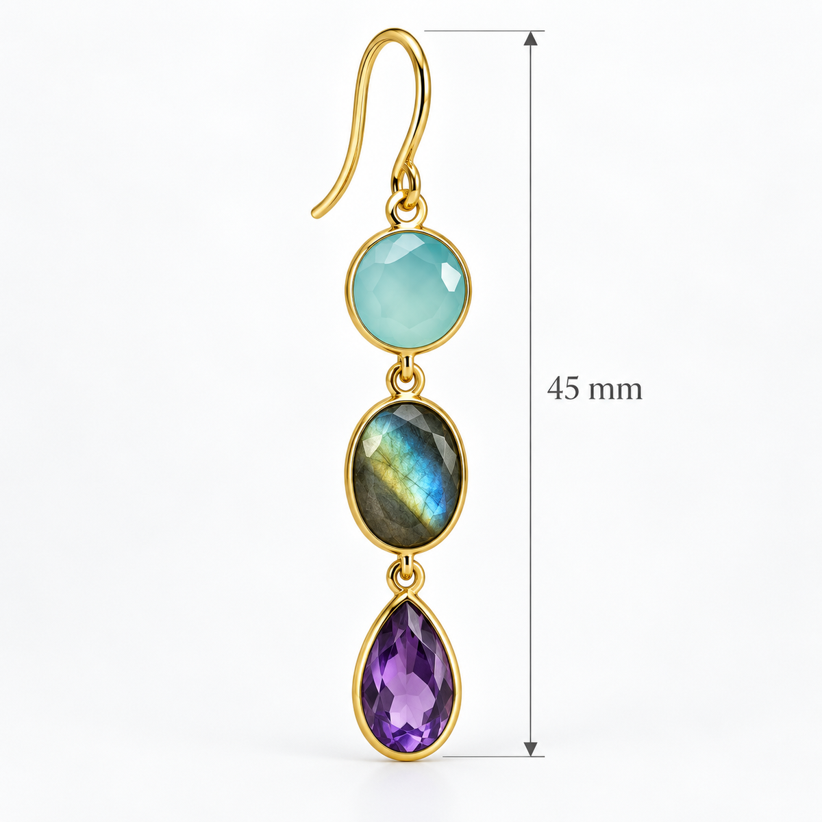 Aqua Chalcedony Labradorite Amethyst Earrings, 18K Gold Plated 925 Sterling Silver, 45 mm