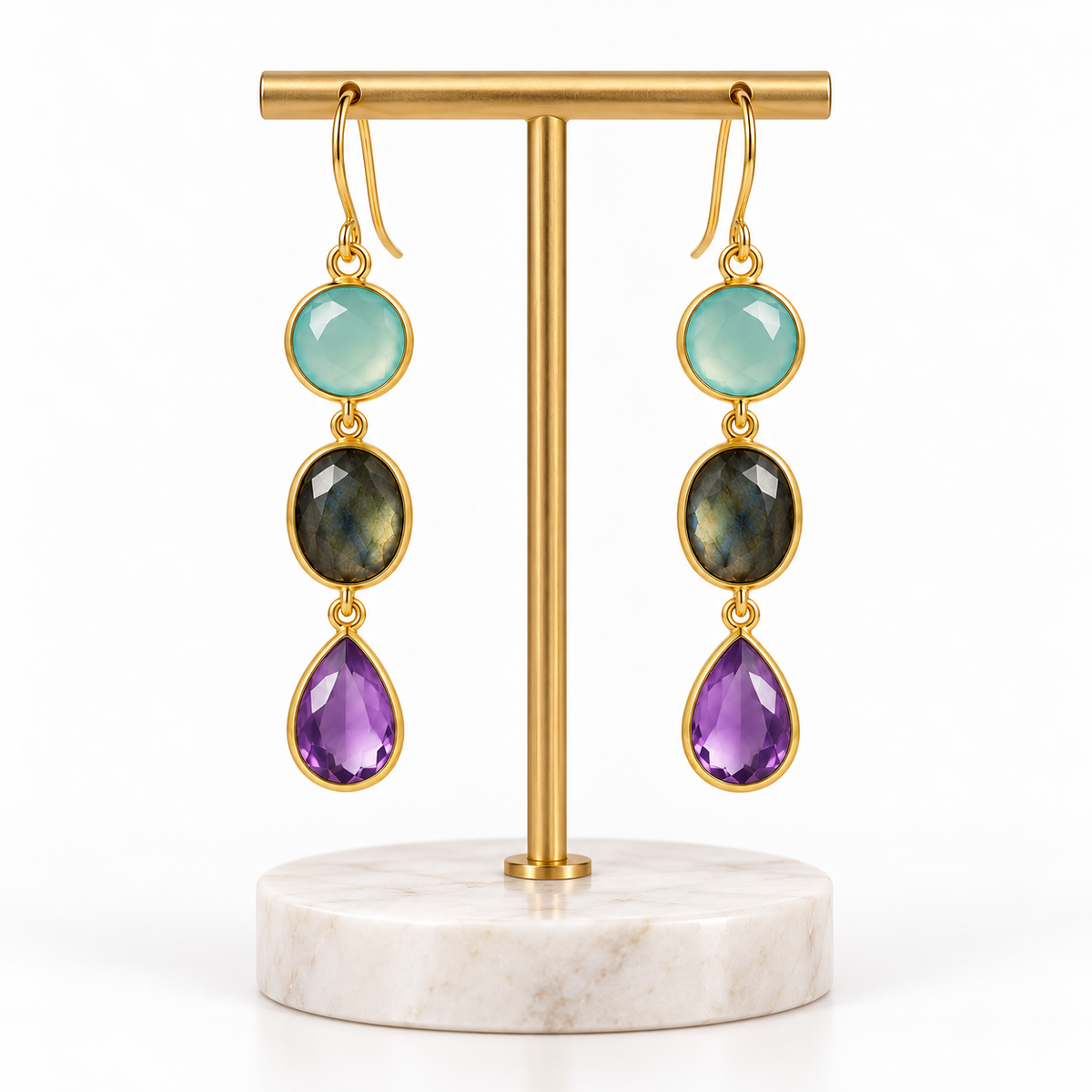 Aqua Chalcedony Labradorite Amethyst Earrings, 18K Gold Plated 925 Sterling Silver, 45 mm
