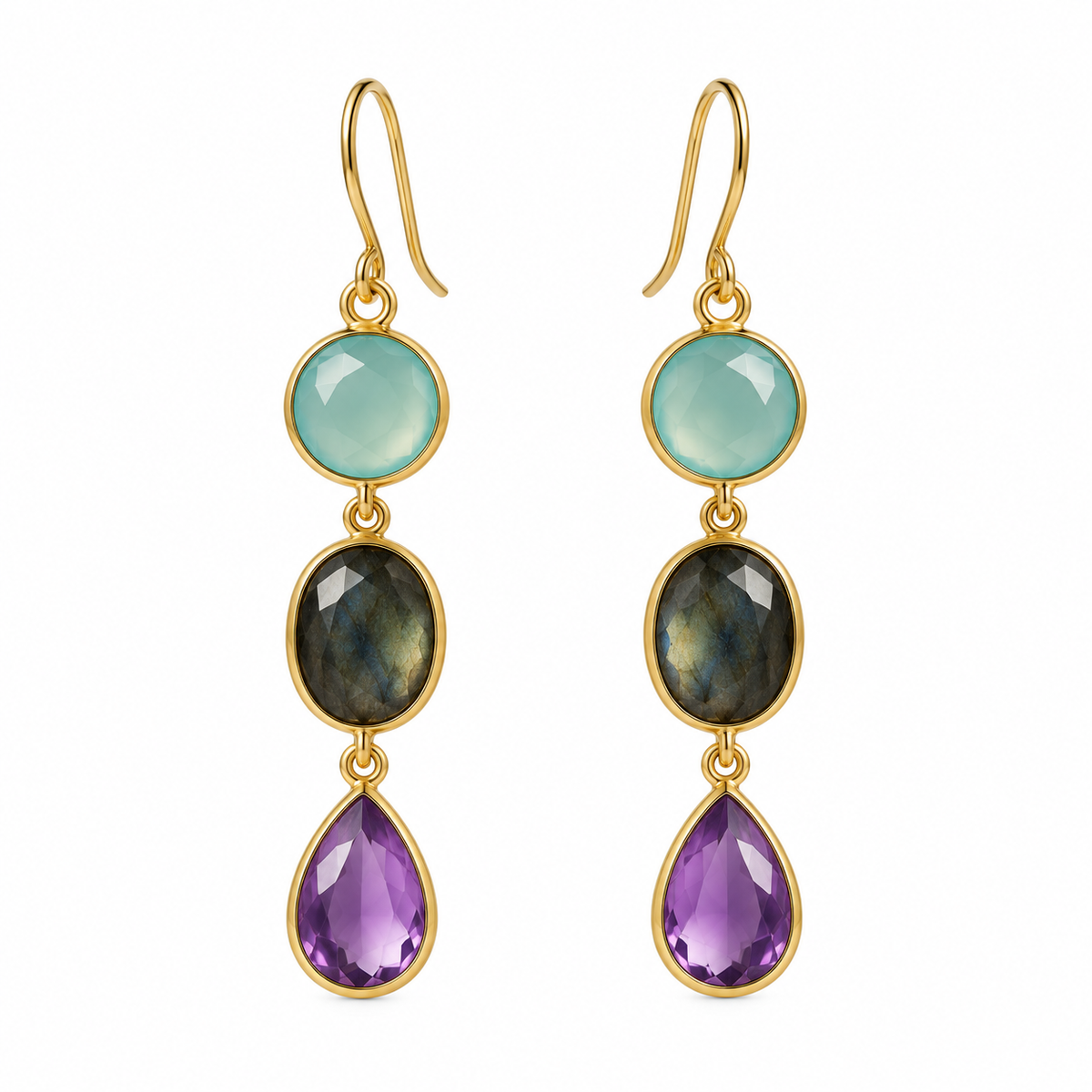 Aqua Chalcedony Labradorite Amethyst Earrings, 18K Gold Plated 925 Sterling Silver, 45 mm