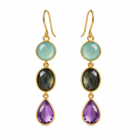 Aqua Chalcedony Labradorite Amethyst Earrings, 18K Gold Plated 925 Sterling Silver, 45 mm
