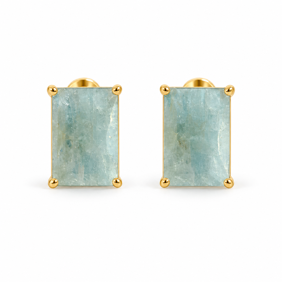 Milky Aquamarine Rectangle Stud Earrings-18K Gold Plated 925 Sterling Silver