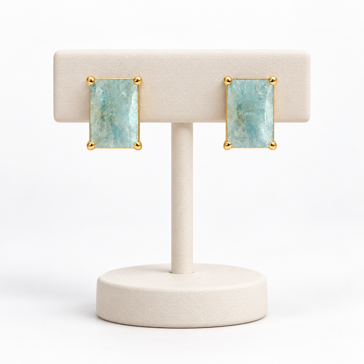 Milky Aquamarine Rectangle Stud Earrings-18K Gold Plated 925 Sterling Silver