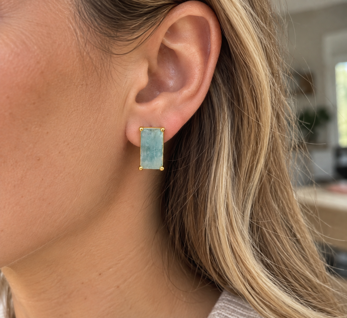 Milky Aquamarine Rectangle Stud Earrings-18K Gold Plated 925 Sterling Silver
