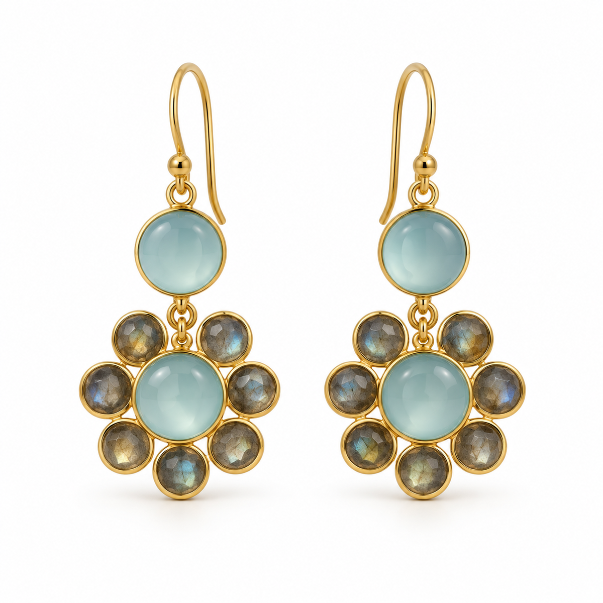 Aqua Chalcedony & Labradorite Floral Drop Earrings – 18K Gold Plated 925 Sterling Silver
