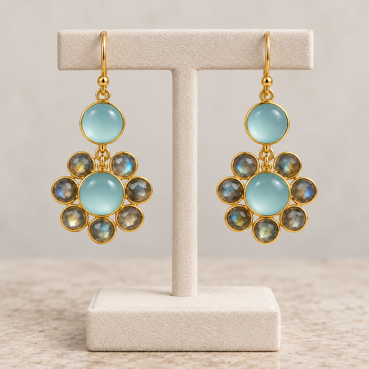 Aqua Chalcedony & Labradorite Floral Drop Earrings – 18K Gold Plated 925 Sterling Silver