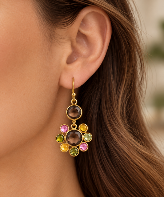 Smoky Topaz & Multi Tourmaline Floral Drop Earrings – 18K Gold Plated 925 Sterling Silver