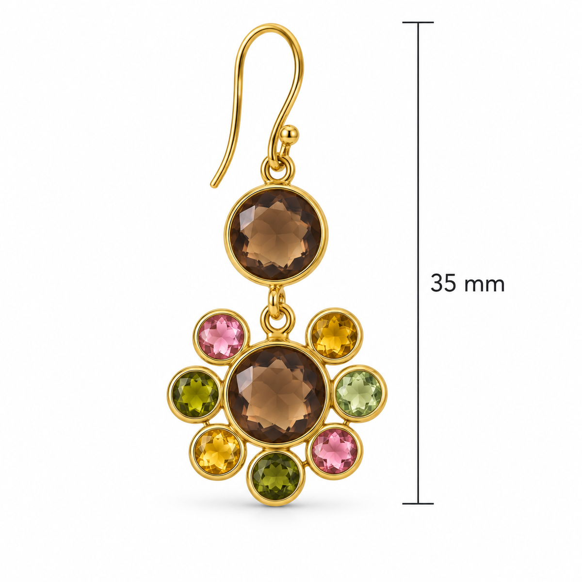 Smoky Topaz & Multi Tourmaline Floral Drop Earrings – 18K Gold Plated 925 Sterling Silver
