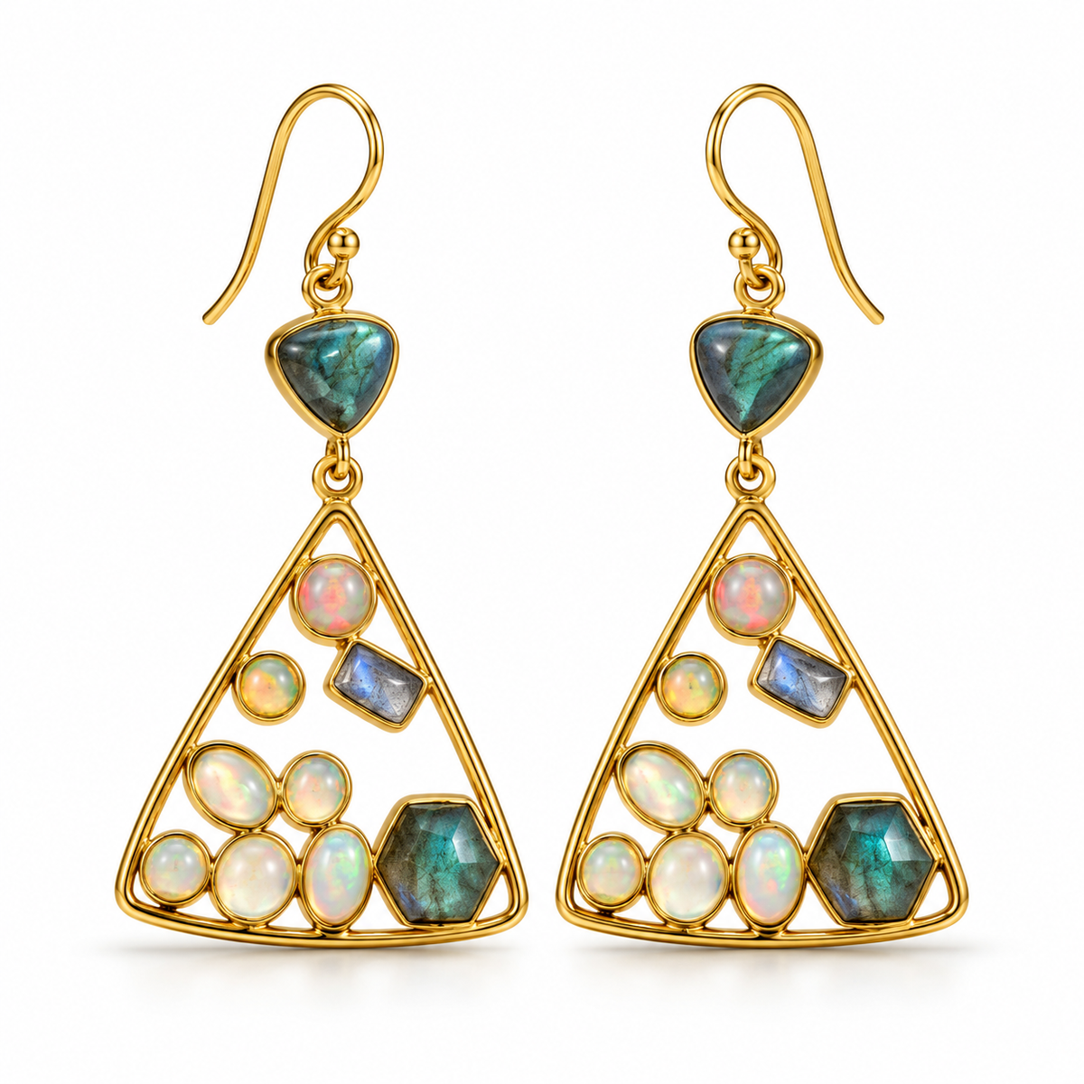 Fire Opal & Labradorite Triangle Drop Earrings – 18K Gold Plated 925 Sterling Silver