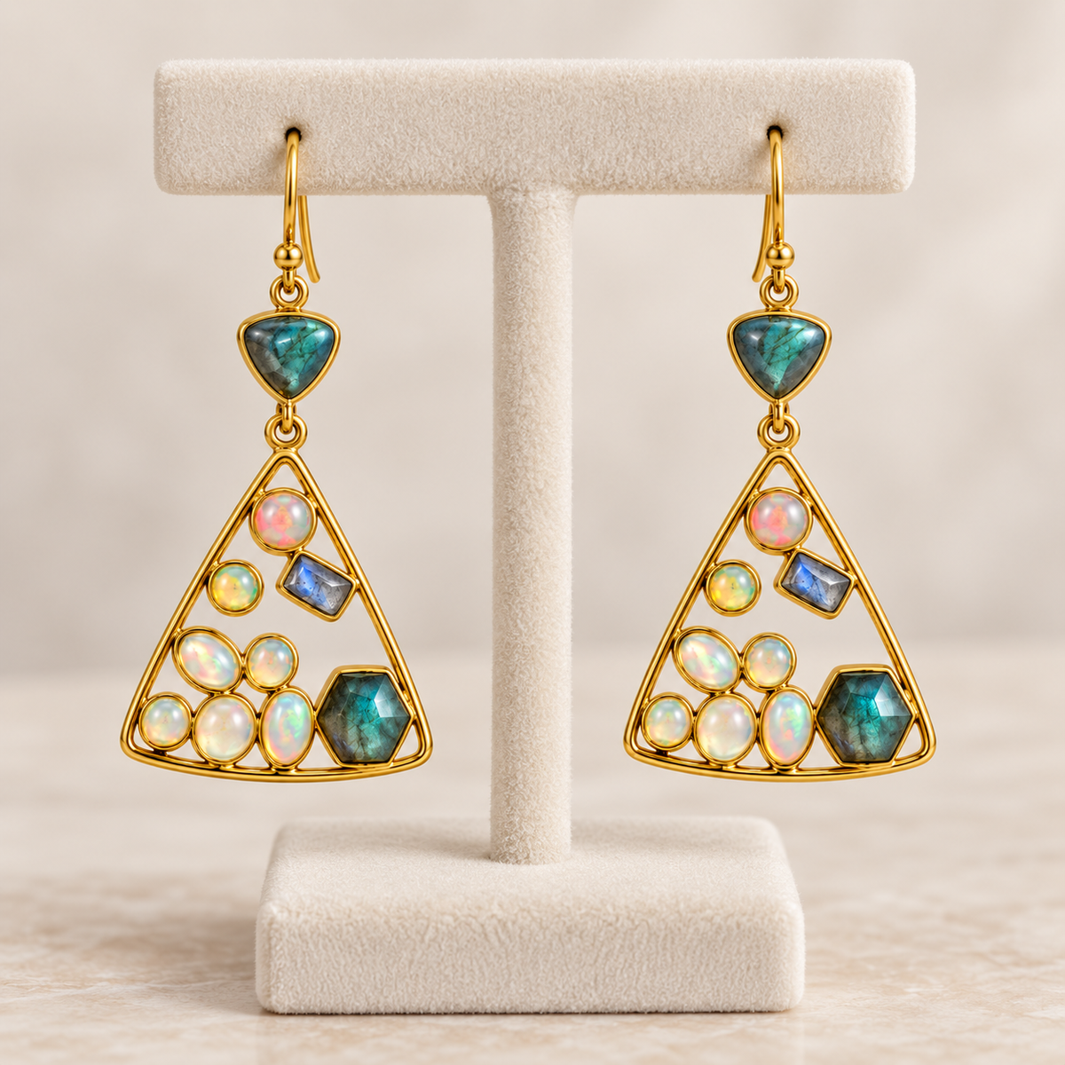 Fire Opal & Labradorite Triangle Drop Earrings – 18K Gold Plated 925 Sterling Silver