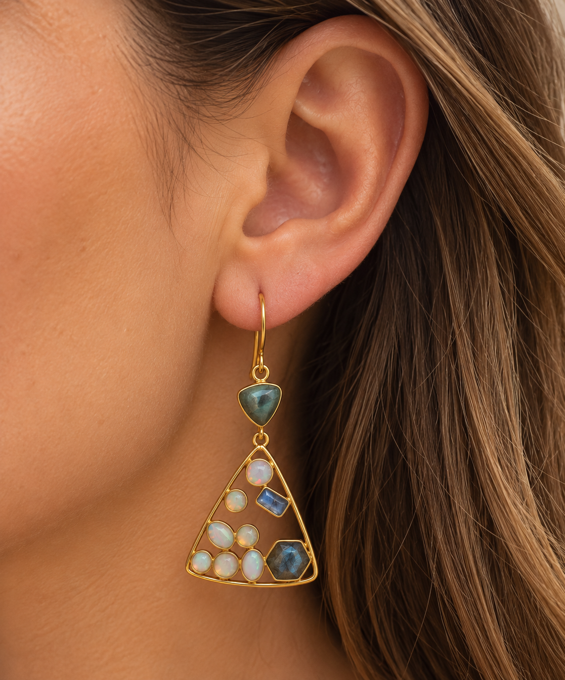 Fire Opal & Labradorite Triangle Drop Earrings – 18K Gold Plated 925 Sterling Silver