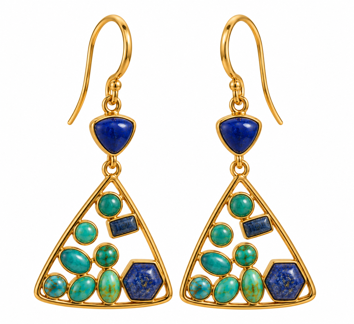 Lapis Lazuli and Arizona Turquoise Triangle Earrings-18k Gold Plated on 925 Sterling Silver