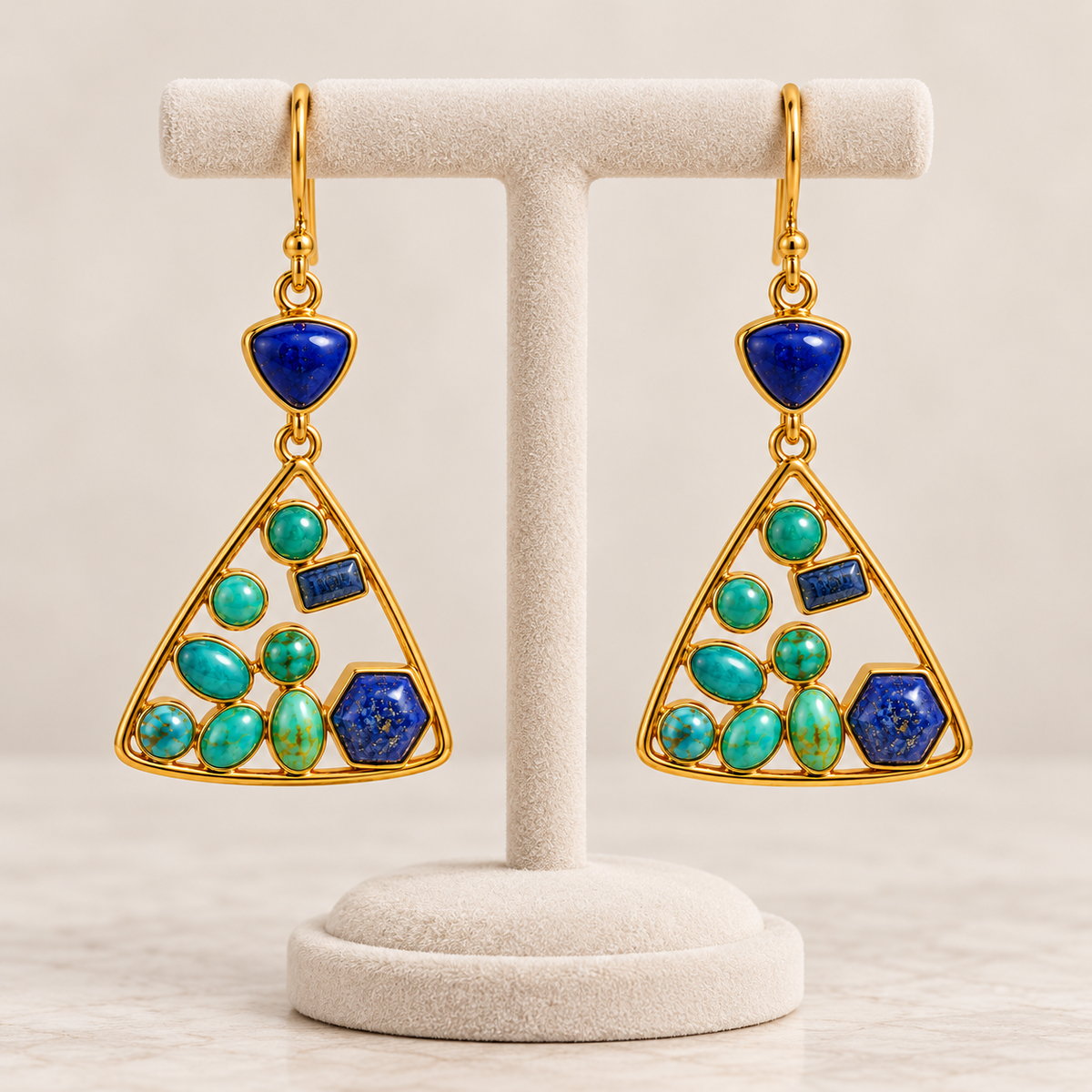 Lapis Lazuli and Arizona Turquoise Triangle Earrings-18k Gold Plated on 925 Sterling Silver