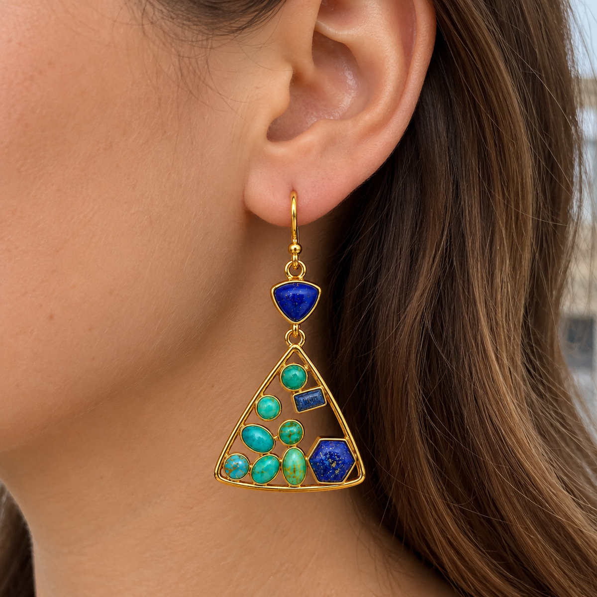 Lapis Lazuli and Arizona Turquoise Triangle Earrings-18k Gold Plated on 925 Sterling Silver