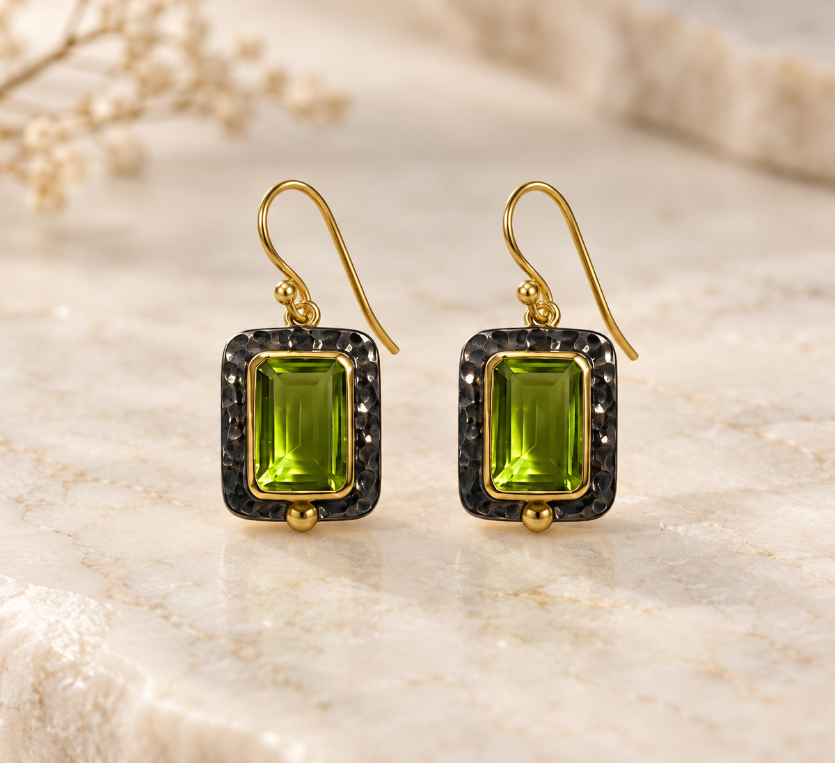 Peridot Hammered Frame Drop Earrings– 18K Gold Plated on 925 Sterling Silver