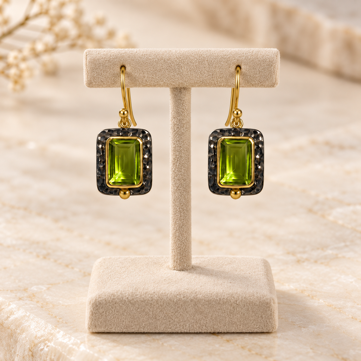 Peridot Hammered Frame Drop Earrings– 18K Gold Plated on 925 Sterling Silver