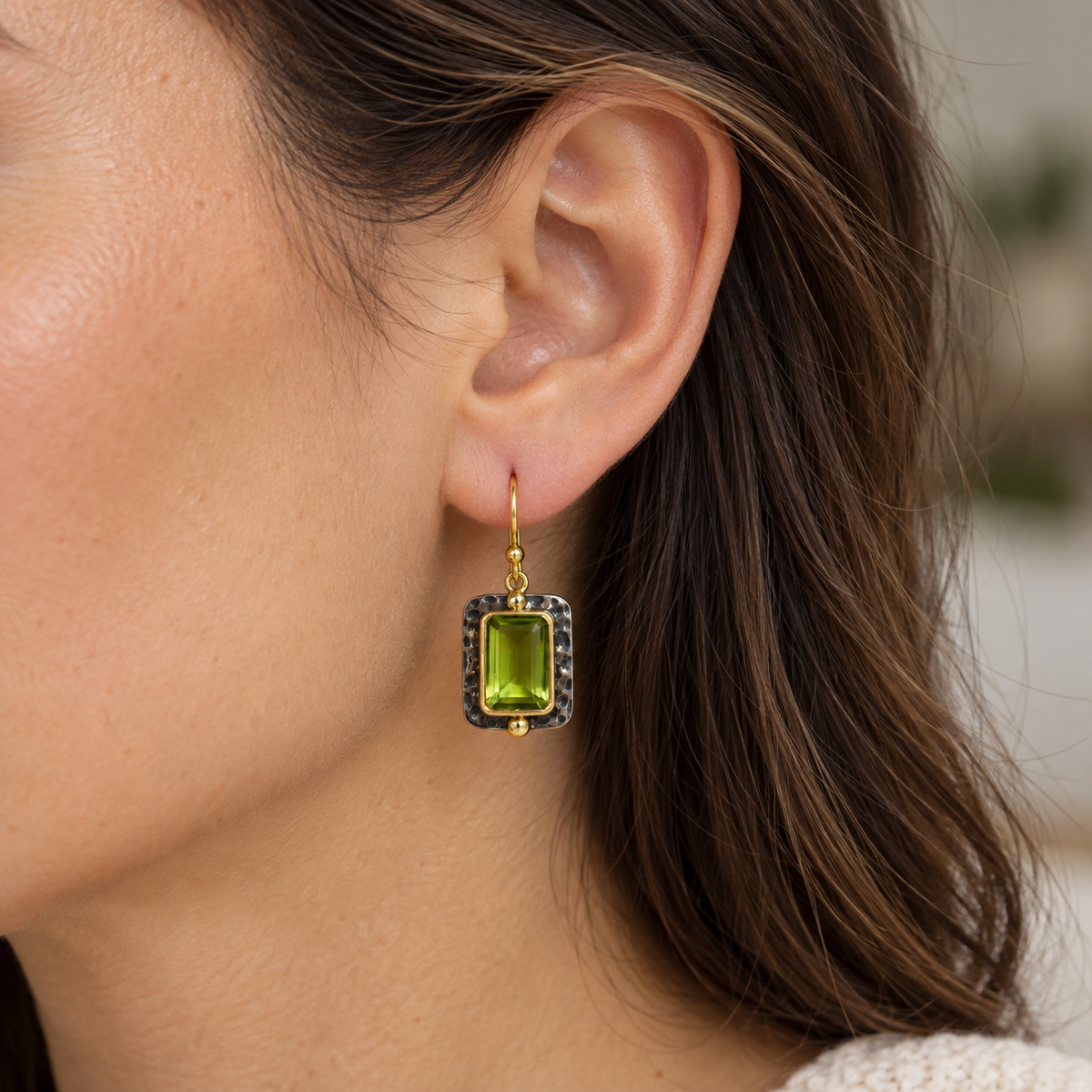 Peridot Hammered Frame Drop Earrings– 18K Gold Plated on 925 Sterling Silver