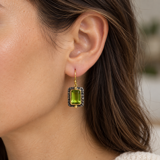 Peridot Hammered Frame Drop Earrings– 18K Gold Plated on 925 Sterling Silver