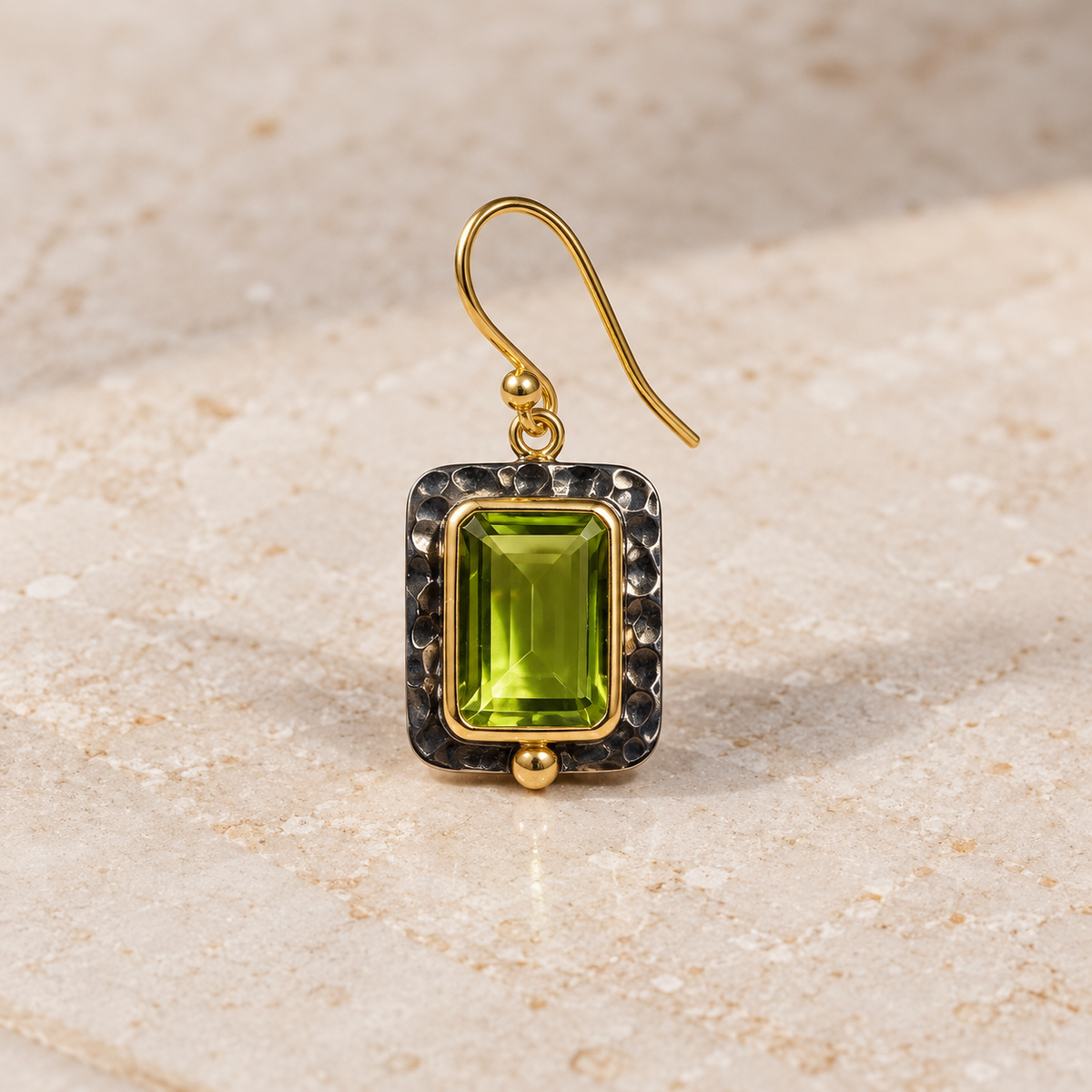 Peridot Hammered Frame Drop Earrings– 18K Gold Plated on 925 Sterling Silver