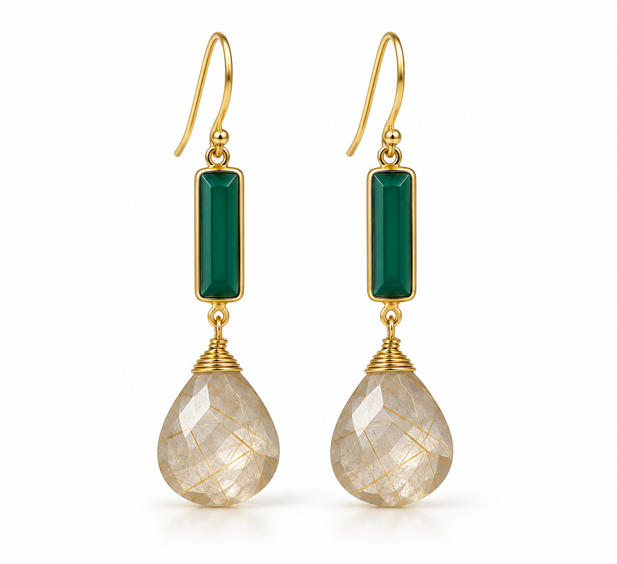 Yellow Rutilated Quartz & Green Onyx Drop Earrings – 18K Gold Plated 925 Sterling Silver