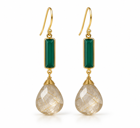 Yellow Rutilated Quartz & Green Onyx Drop Earrings – 18K Gold Plated 925 Sterling Silver