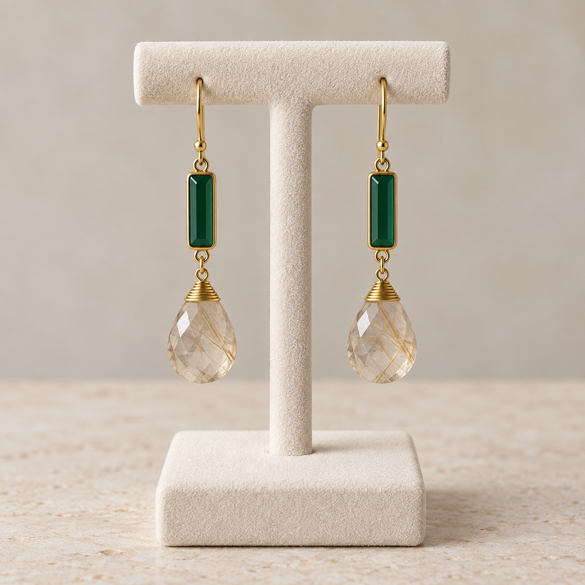 Yellow Rutilated Quartz & Green Onyx Drop Earrings – 18K Gold Plated 925 Sterling Silver