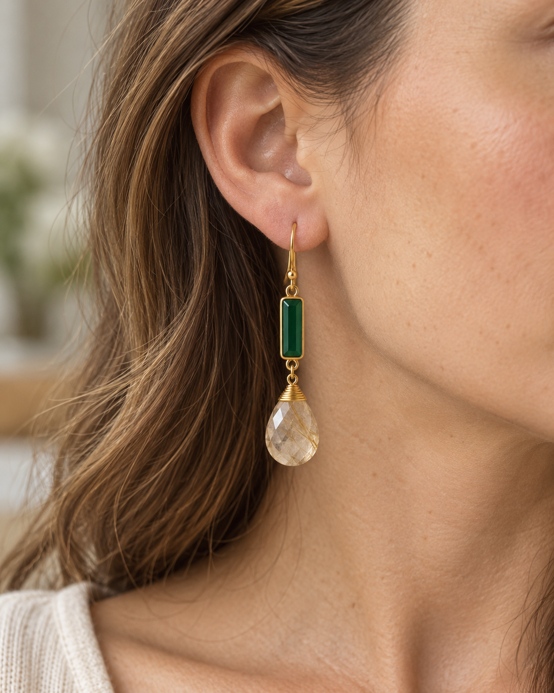 Yellow Rutilated Quartz & Green Onyx Drop Earrings – 18K Gold Plated 925 Sterling Silver