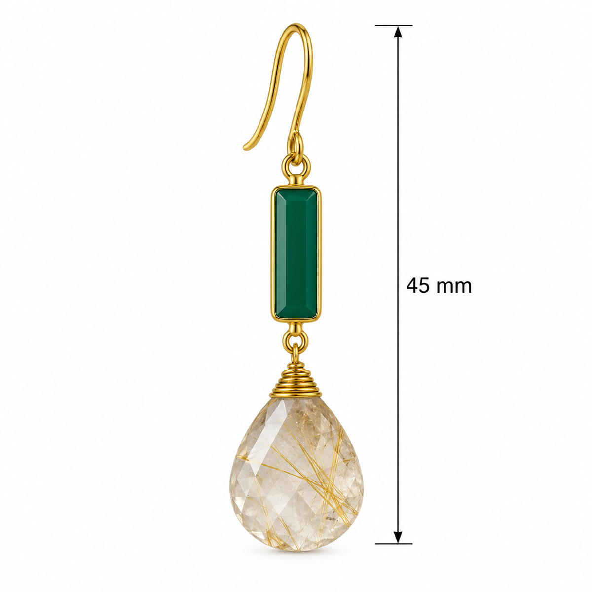 Yellow Rutilated Quartz & Green Onyx Drop Earrings – 18K Gold Plated 925 Sterling Silver
