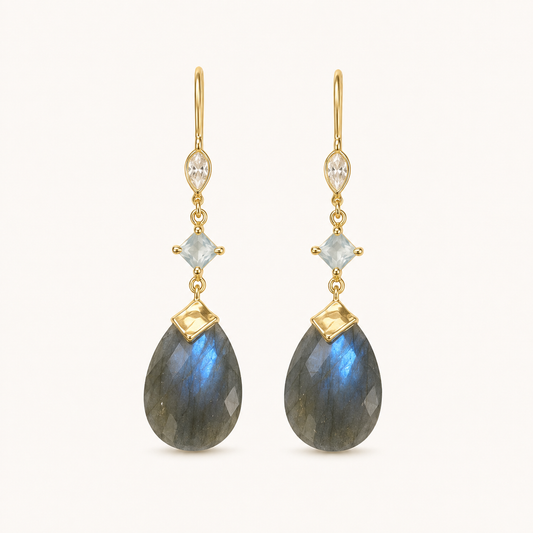 Labradorite, Blue Chalcedony & White Topaz 18K Gold-Plated 925 Sterling Silver Teardrop Earrings