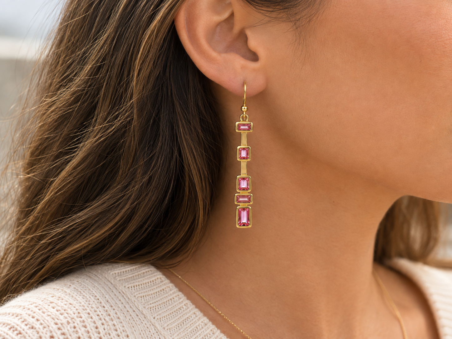 Pink Tourmaline Drop Earrings- 18k Gold Plated on 925 Sterling Silver
