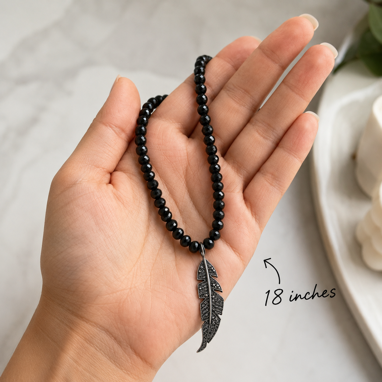 Black Onyx Gemstone Necklace with Pavé Diamonds on Feather Pendant