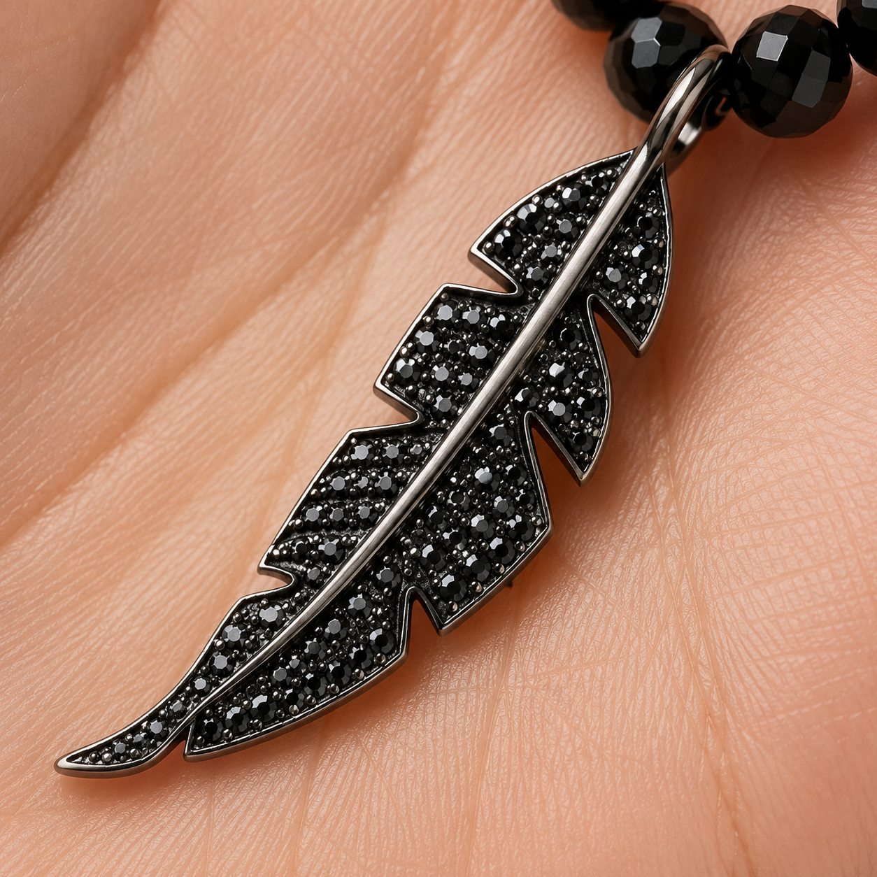 Black Onyx Gemstone Necklace with Pavé Diamonds on Feather Pendant