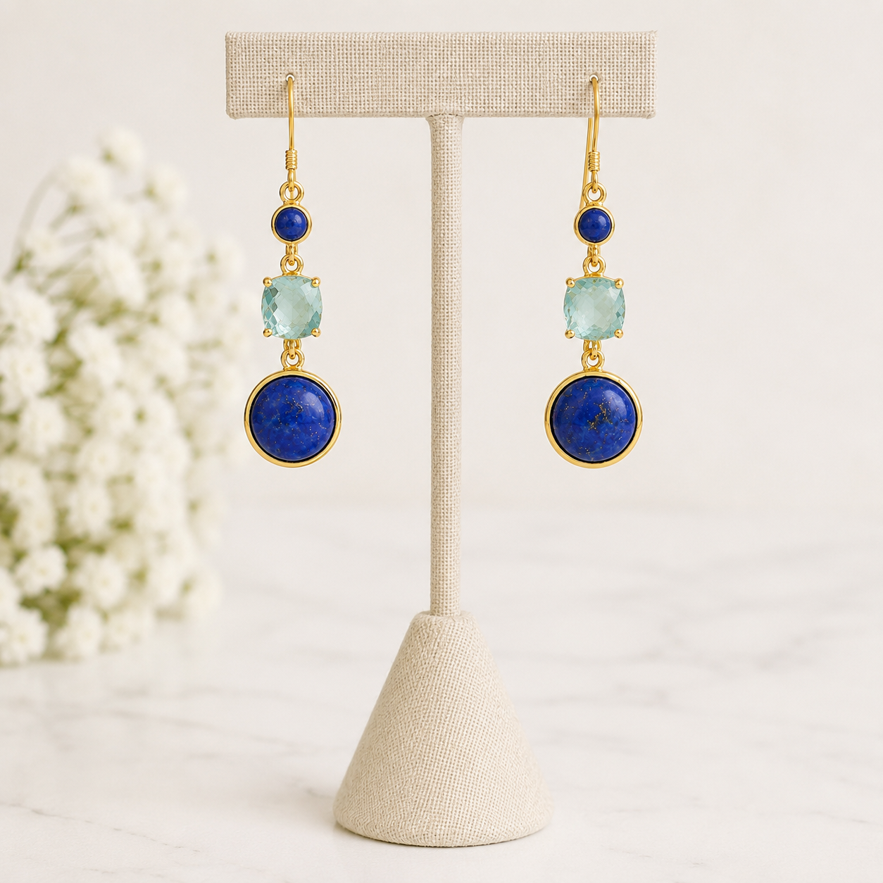 Lapis & Blue Topaz Drop Earrings – 18K Gold Plated on 925 Sterling Silver