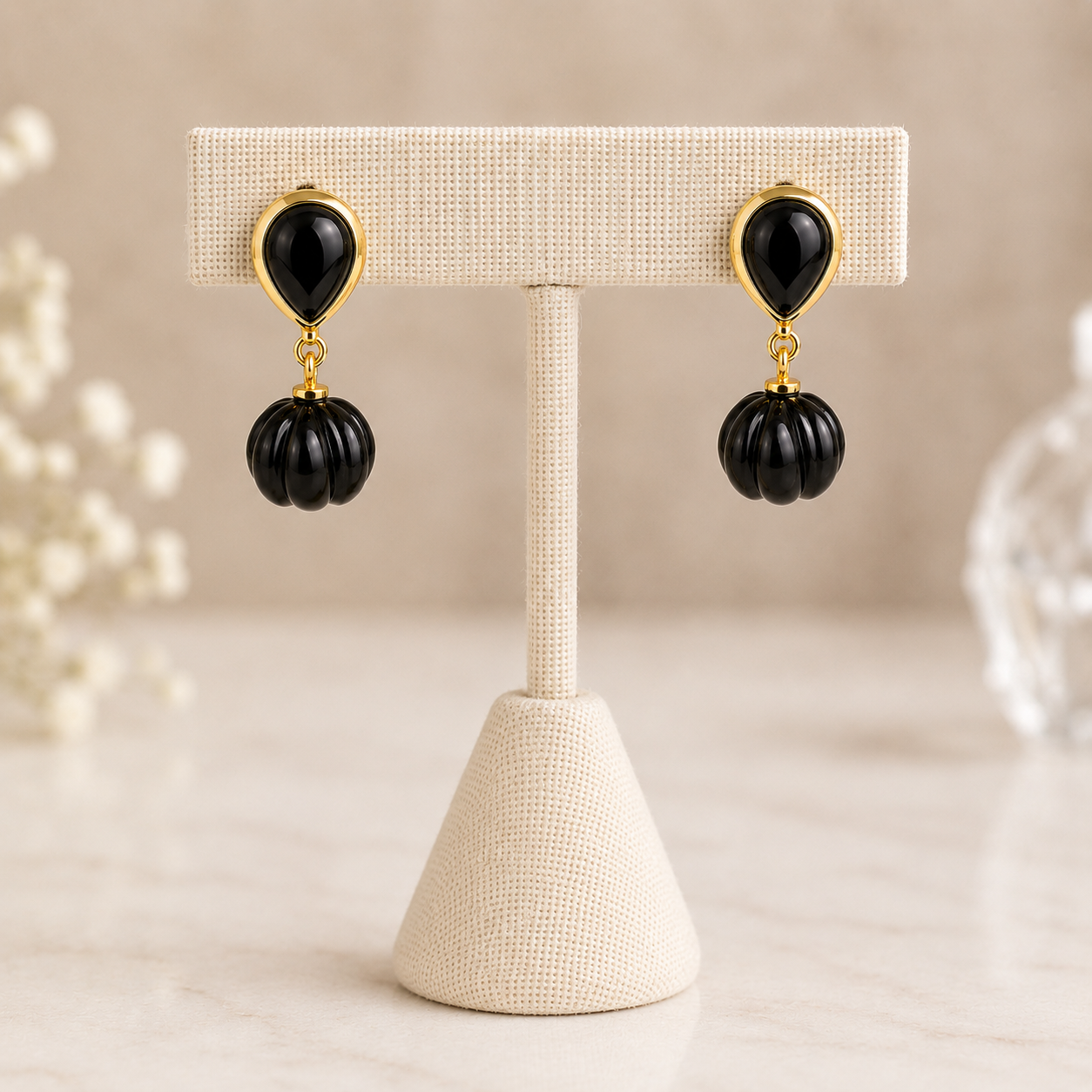 Black Onyx Pumpkin Carving Earrings- 18k Gold Plated Over 925 Sterling Silver