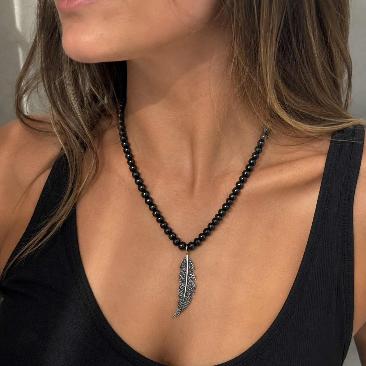 Black Onyx Gemstone Necklace with Pavé Diamonds on Feather Pendant