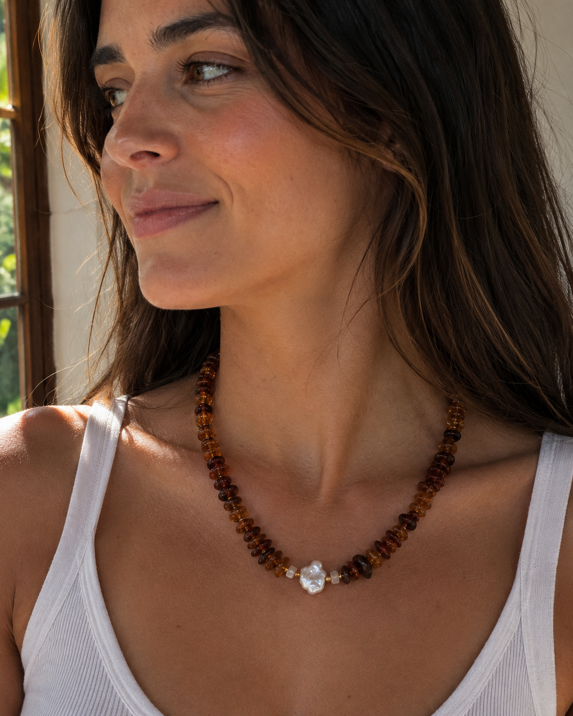 Amber, Baroque Pearls, and Rainbow Moonstone Necklace- Gold Filled Accents
